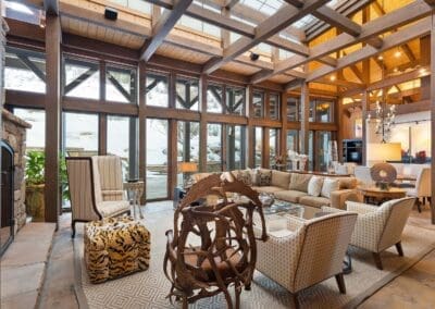 Great Room featuring skylights, timber frame, open concept
