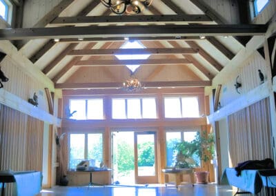 Interior view out the front of the building with timber frame ceiling