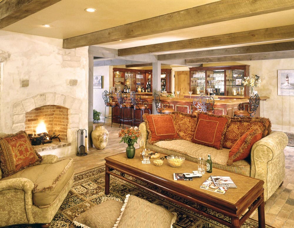 exposed beam wine room