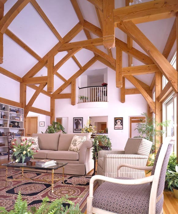 new london 07 post and beam formal great room with cathedral ceiling