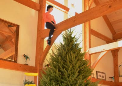 Concord MA 5988 woman sitting on timber frame beam above Christmas Tree