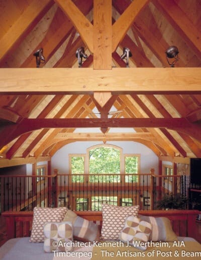Mills River, NC (6049) loft bedroom view featuring timber frame cathedral ceiling