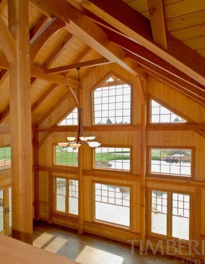 Sunburst Retreat, OR (6154/T00065) great room window wall and timber frame cathedral ceiling