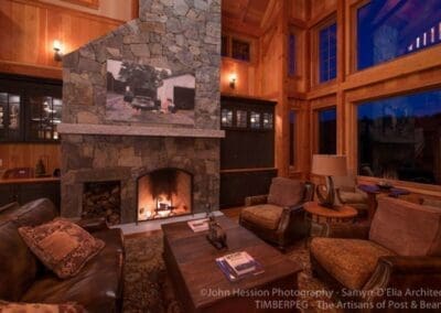 North Country NH T00490 great room with stone fireplace and large window wall