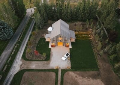 Sun Valley Party Barn exterior from drone