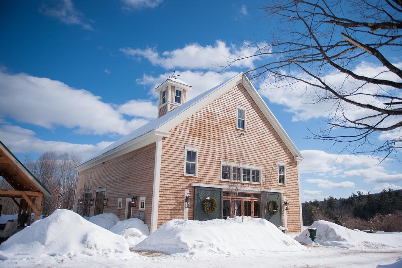 Exterior of barn in snow