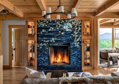 fireplace featuring custom stained-glass work